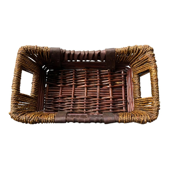 Wooden  Wicker Straw Wrapped Rectangular Basket - Picture 6 of 8